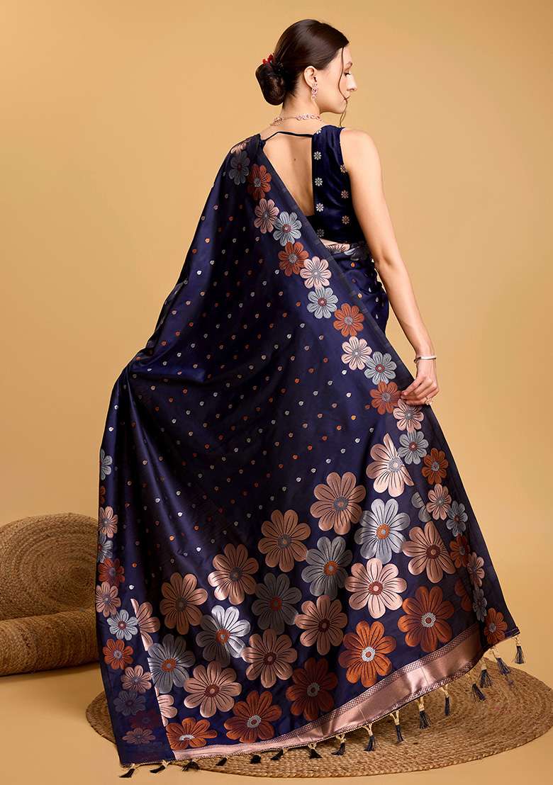 Navy Blue Zari Woven Jacquard Saree Set for Diwali | Wedding & Festive Wear - Indya