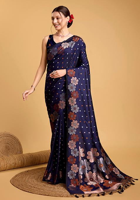 Navy Blue Zari Woven Jacquard Saree Set