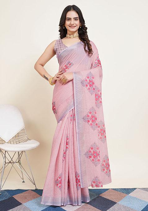 Pink Printed Cotton Silk Saree Set