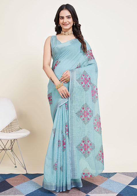 Sky Blue Printed Cotton Silk Saree Set