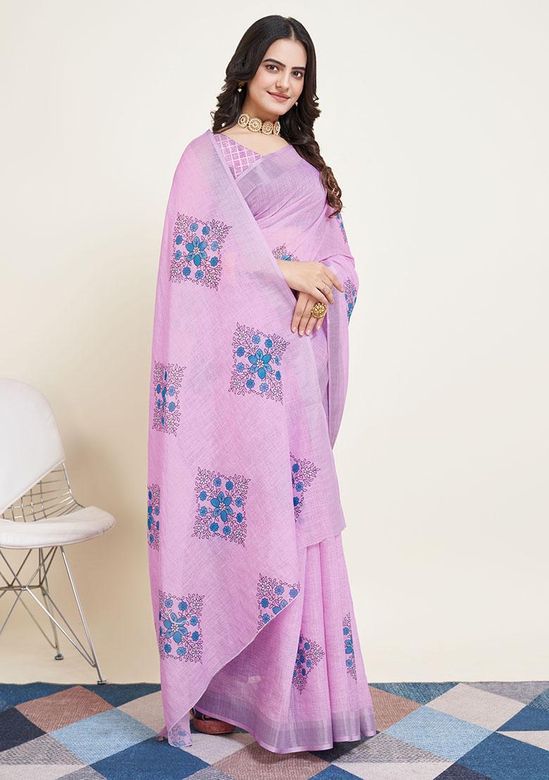 Purple Printed Cotton Silk Saree Set
