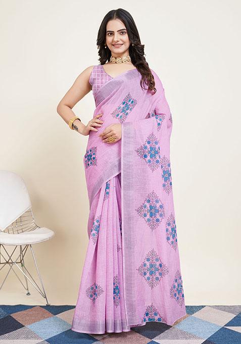 Purple Printed Cotton Silk Saree Set