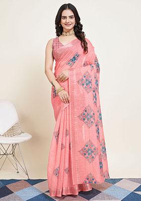 Peach Printed Cotton Silk Saree Set