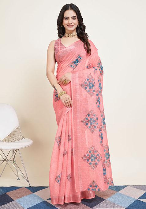 Peach Printed Cotton Silk Saree Set