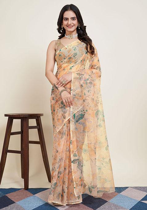 Cream Floral Super Net Saree Set