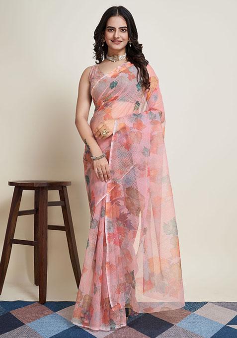 Baby Pink Floral Super Net Saree Set