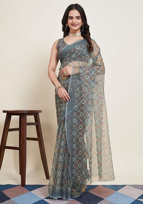 Grey Floral Super Net Saree Set