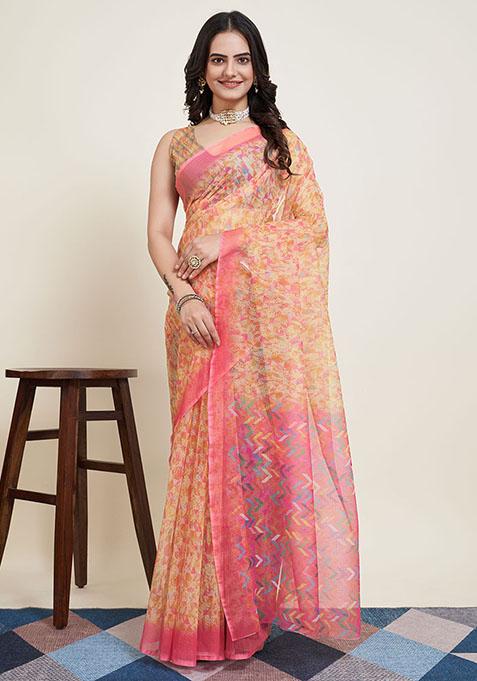 Pink Floral Super Net Saree Set