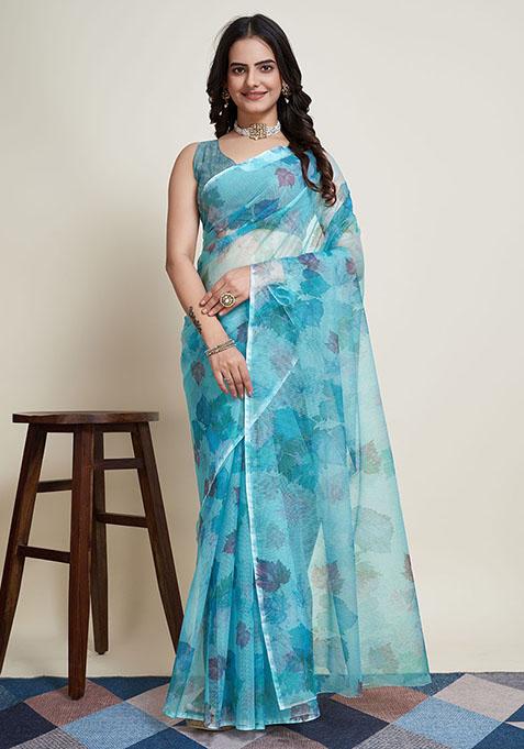 Sky Blue Floral Super Net Saree Set