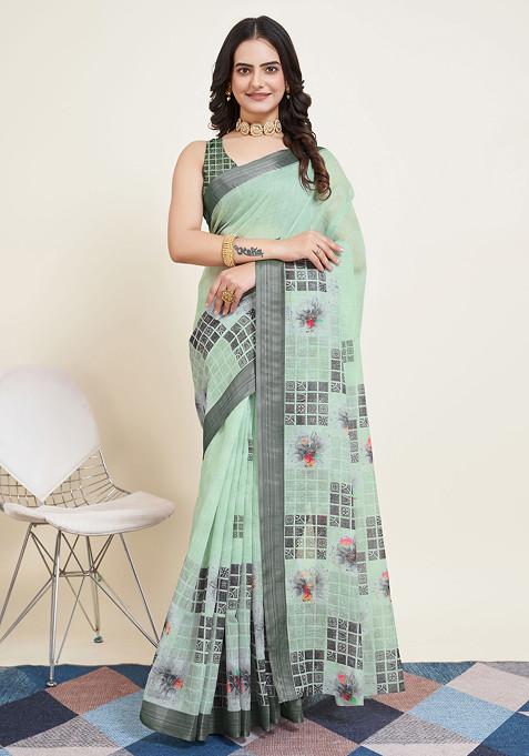 Light Green Printed Cotton Silk Saree Set