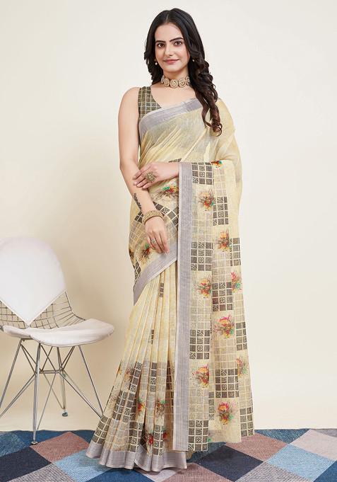 Cream Printed Cotton Silk Saree Set