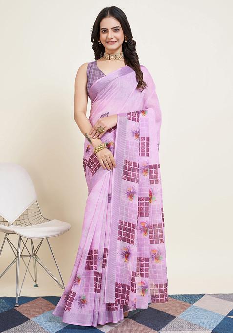 Purple Printed Cotton Silk Saree Set