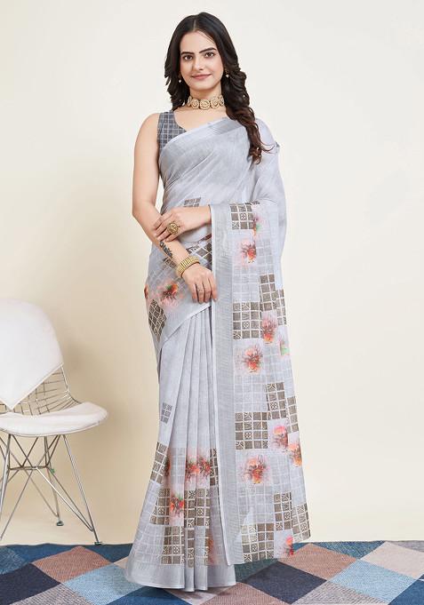 Grey Printed Cotton Silk Saree Set