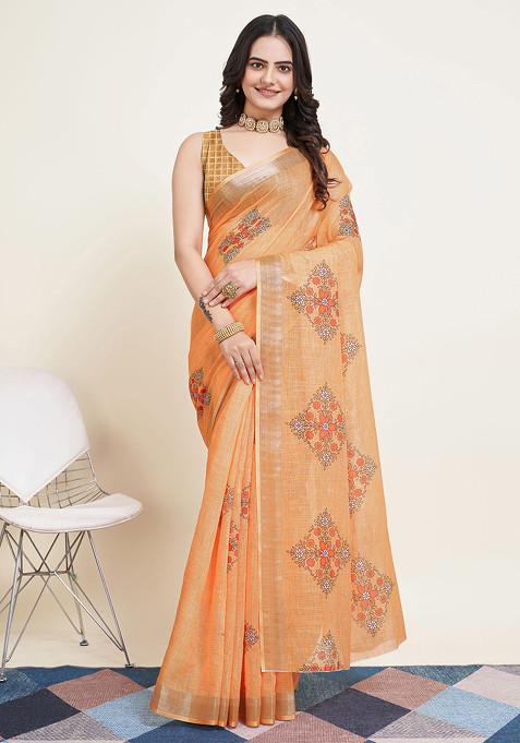 Yellow Printed Cotton Silk Saree Set