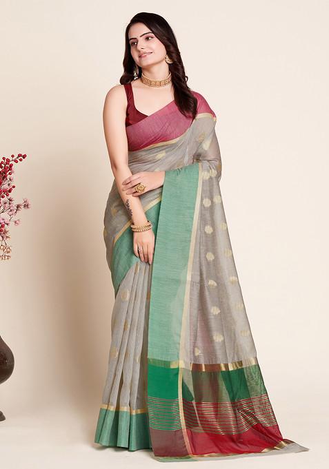 Grey Zari Woven Soft Silk Saree Set