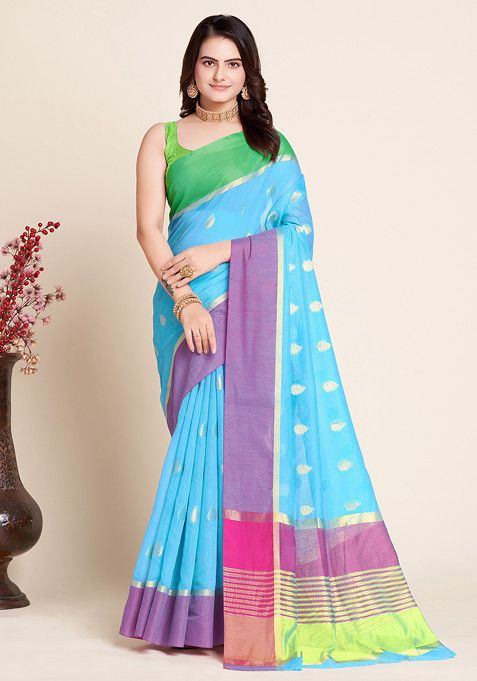 Sky Blue Zari Woven Soft Silk Saree Set