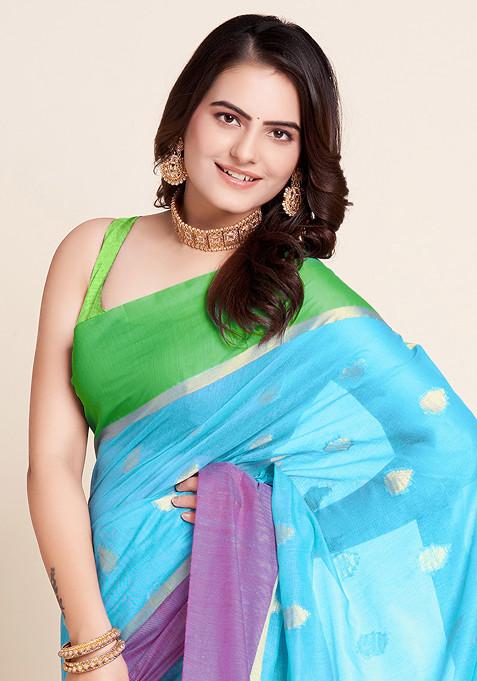 Sky Blue Zari Woven Soft Silk Saree Set