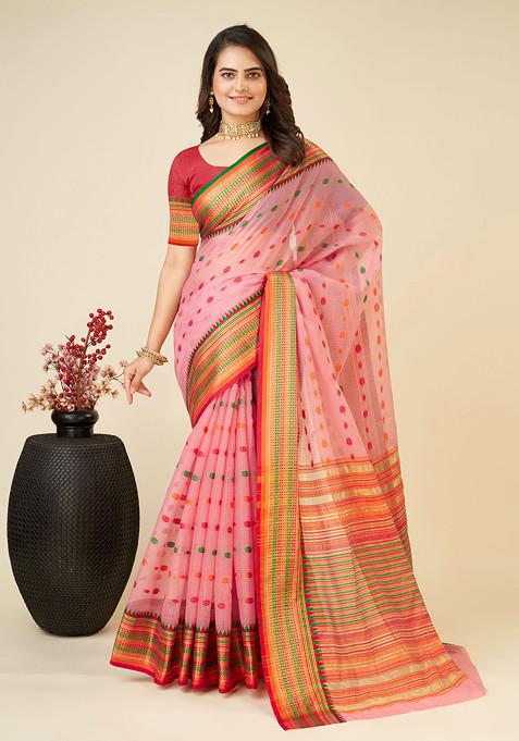 Pink Zari Woven Soft Silk Saree Set