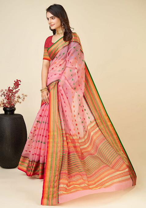 Pink Zari Woven Soft Silk Saree Set