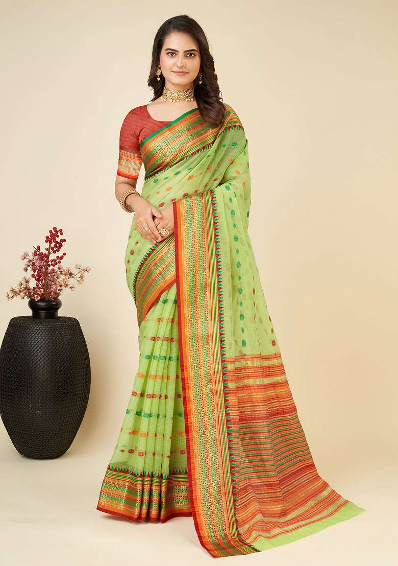 Green Zari Woven Soft Silk Saree Set for Diwali and Festive Wear - Indya
