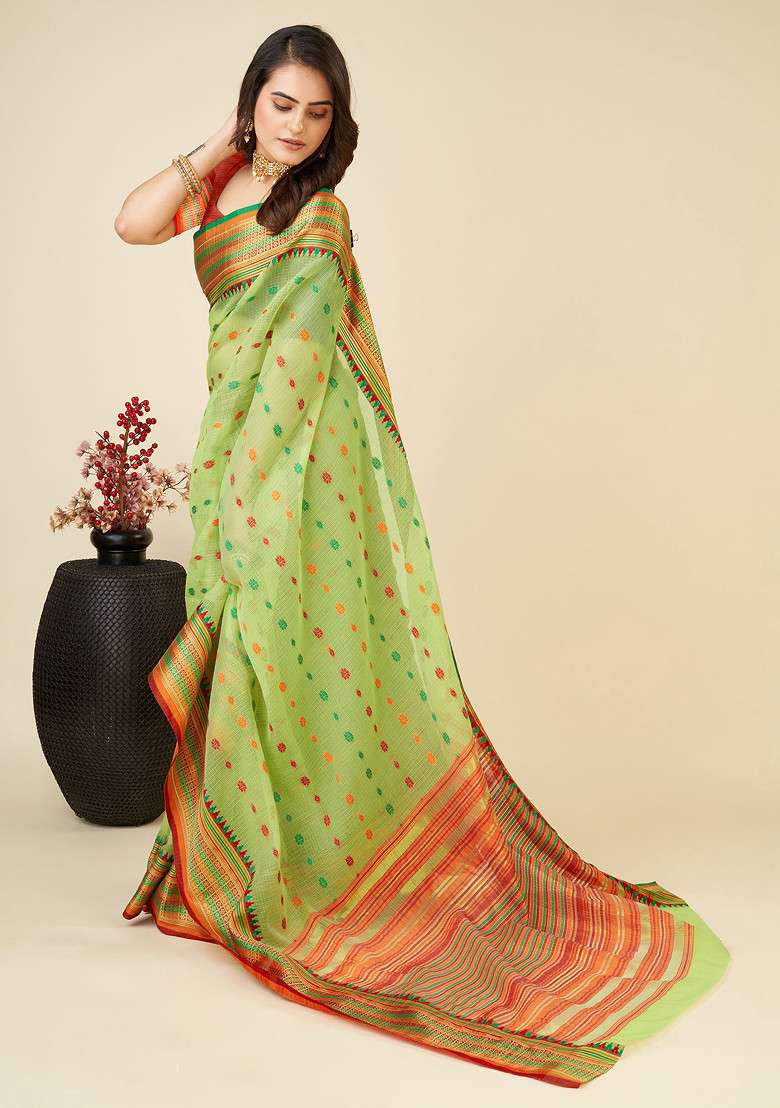 Green Zari Woven Soft Silk Saree Set for Diwali and Festive Wear - Indya