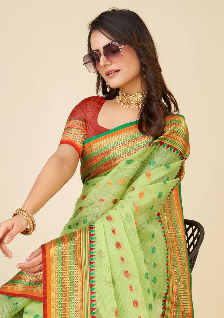 Green Zari Woven Soft Silk Saree Set for Diwali and Festive Wear - Indya
