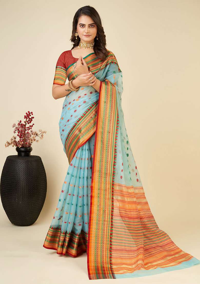 Sky Blue Zari Woven Soft Silk Saree Set - Indya