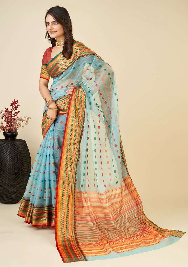 Sky Blue Zari Woven Soft Silk Saree Set - Indya