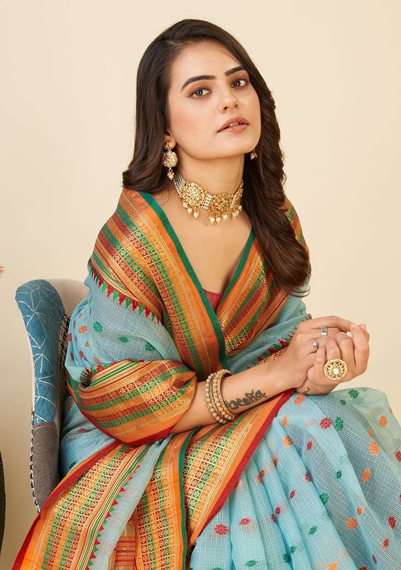 Sky Blue Zari Woven Soft Silk Saree Set - Indya