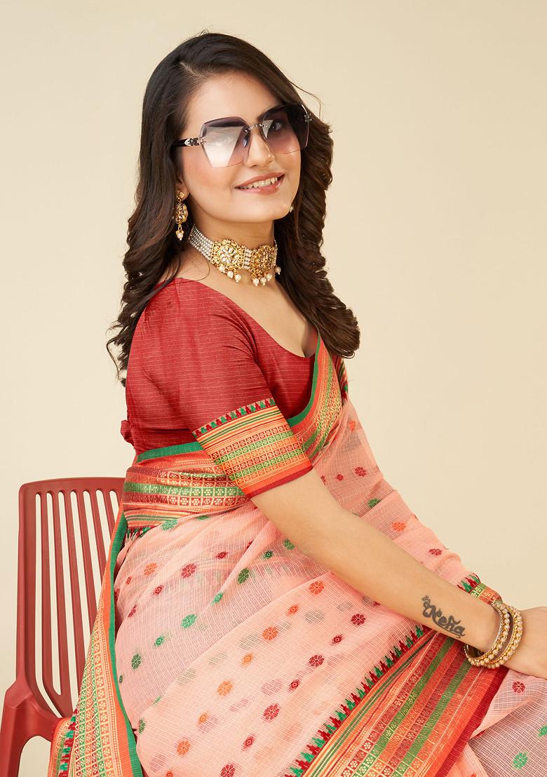 Peach Zari Woven Soft Silk Saree Set