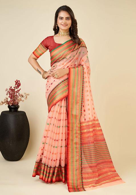 Peach Zari Woven Soft Silk Saree Set