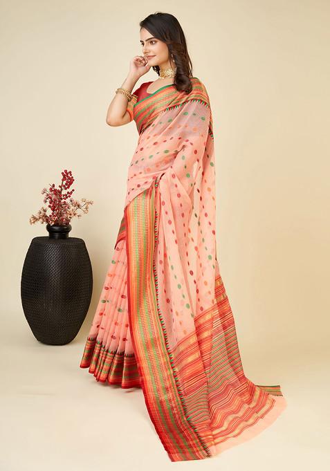 Peach Zari Woven Soft Silk Saree Set