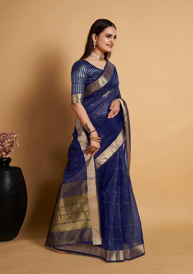 Blue Zari Woven Organza Silk Saree Set - Indya