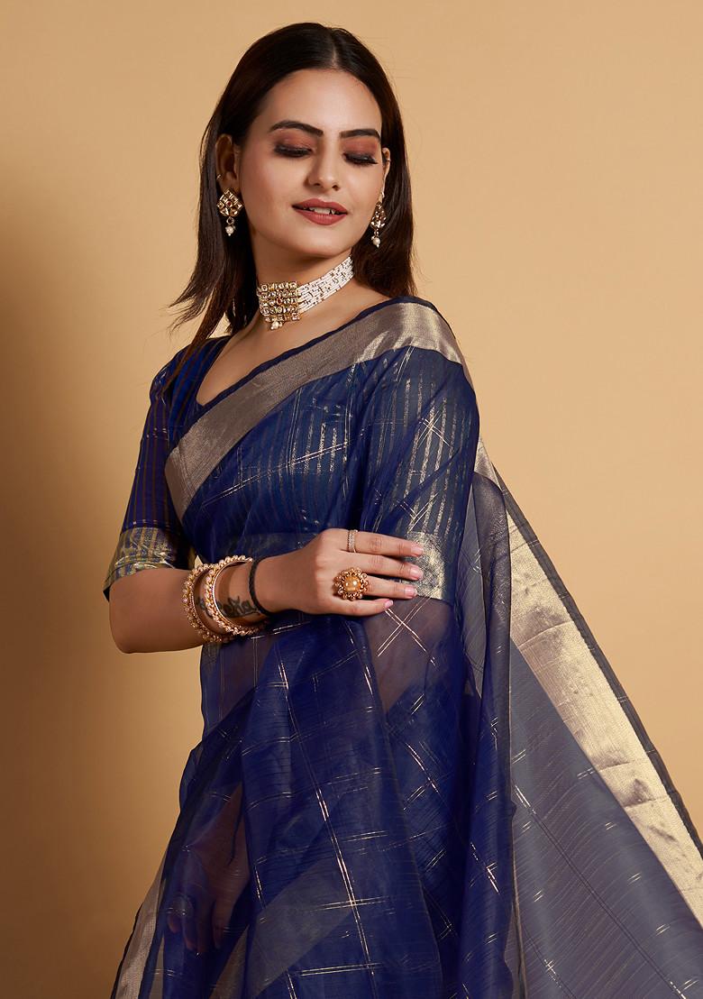 Blue Zari Woven Organza Silk Saree Set - Indya