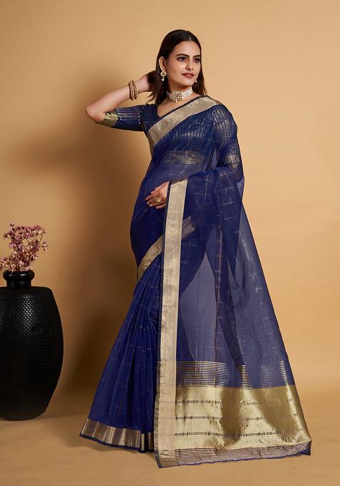 Blue Zari Woven Organza Silk Saree Set