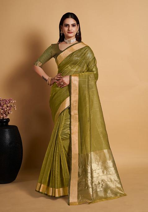 Mehendi Green Zari Woven Organza Silk Saree Set