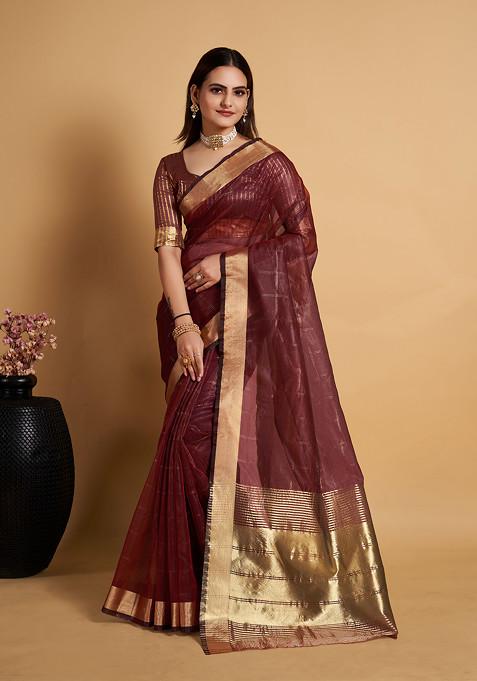 Wine Zari Woven Organza Silk Saree Set