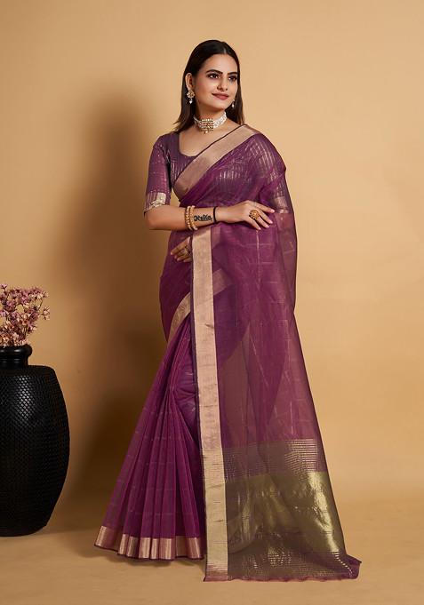 Purple Zari Woven Organza Silk Saree Set