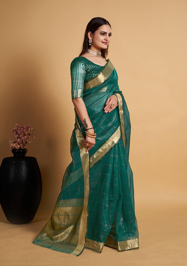 Teal Blue Zari Woven Organza Silk Saree Set
