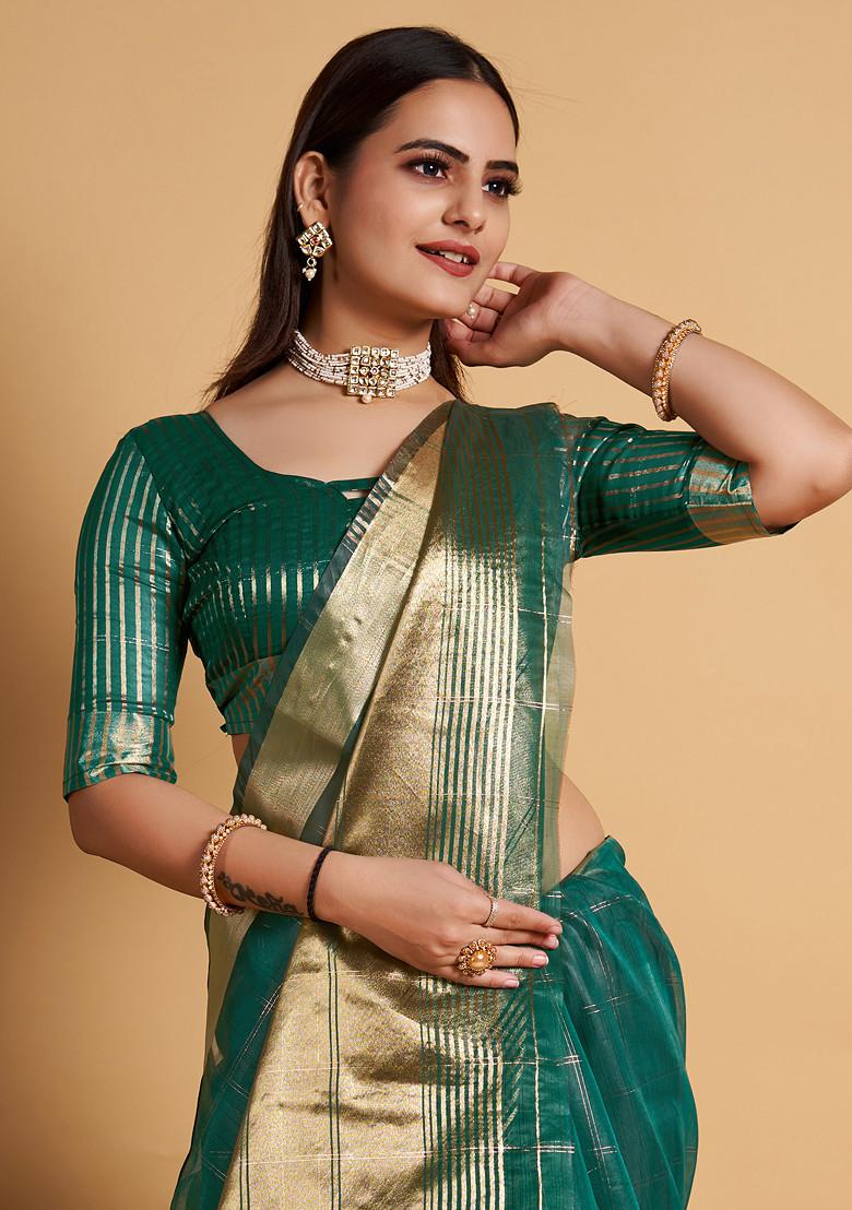 Teal Blue Zari Woven Organza Silk Saree Set