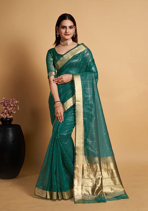 Teal Blue Zari Woven Organza Silk Saree Set