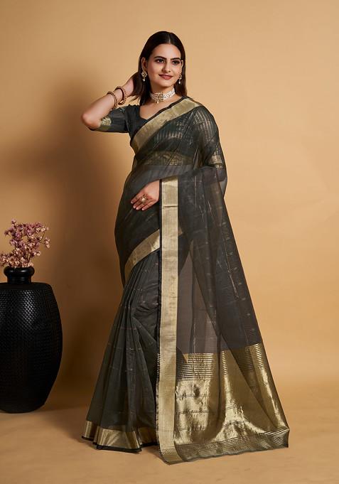 Grey Zari Woven Organza Silk Saree Set