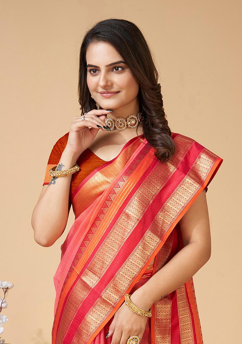 Red Zari Woven Kota Doria Silk Saree Set