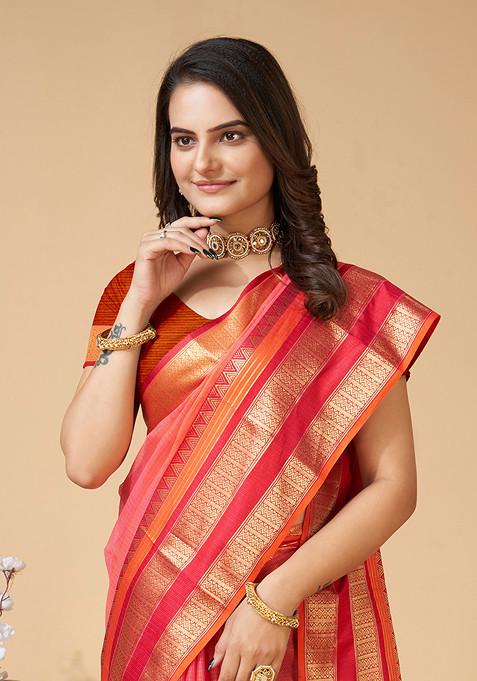 Red Zari Woven Kota Doria Silk Saree Set