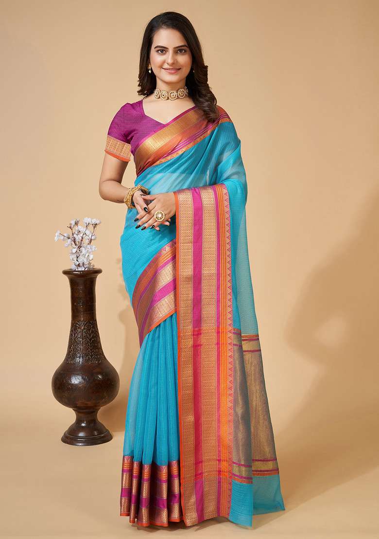 Sky Blue Zari Woven Kota Doria Silk Saree Set for Diwali | Wedding & Festive Wear - Indya