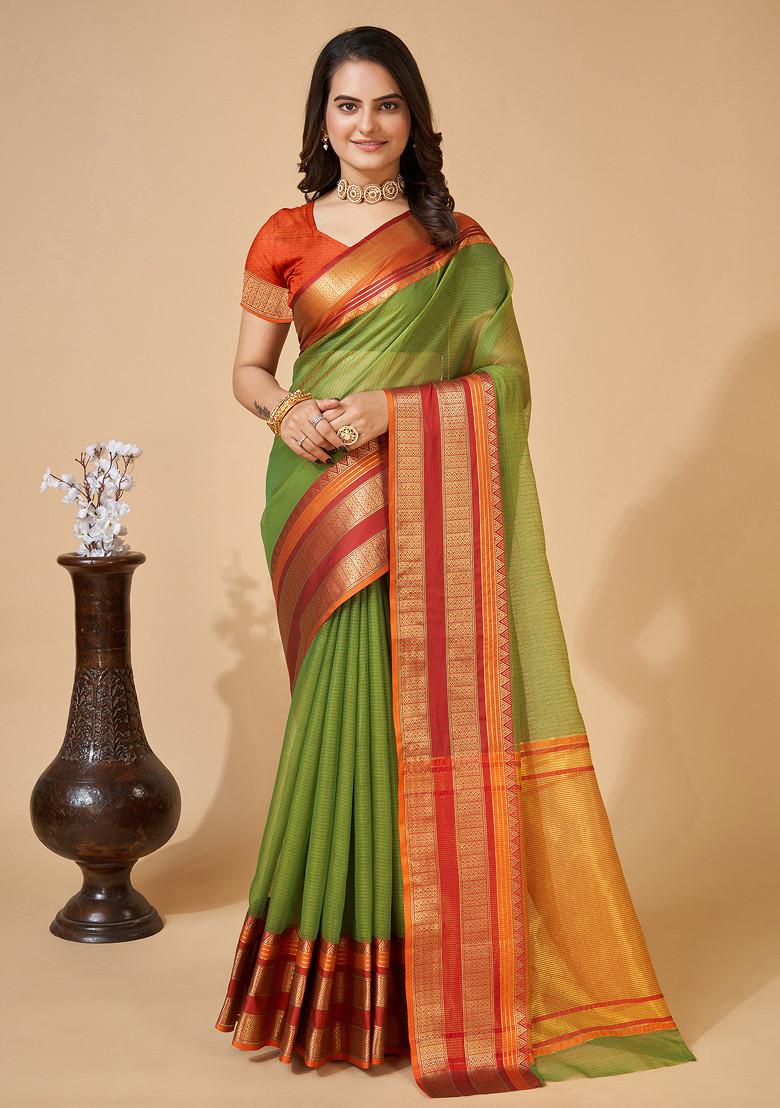 Green Zari Woven Kota Doria Silk Saree Set