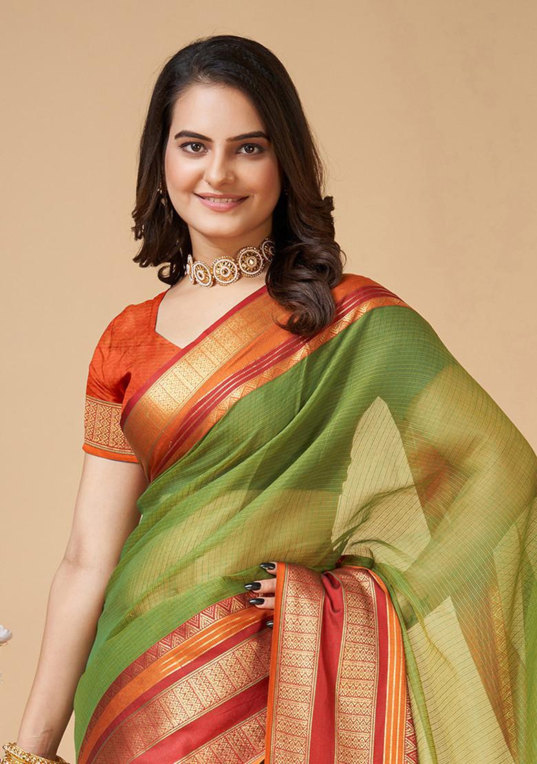 Green Zari Woven Kota Doria Silk Saree Set