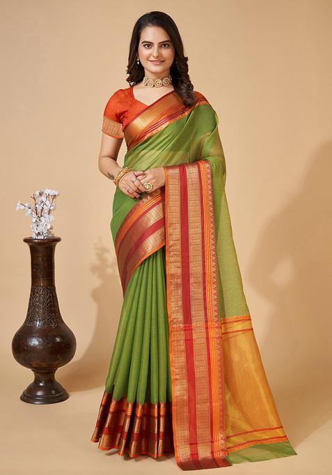 Green Zari Woven Kota Doria Silk Saree Set