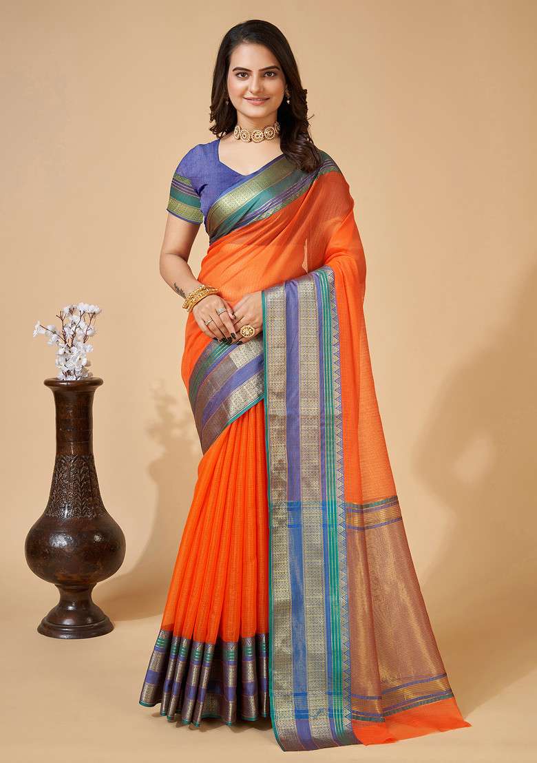 Orange Zari Woven Kota Doria Silk Saree Set for Diwali and Festive Wear - Indya