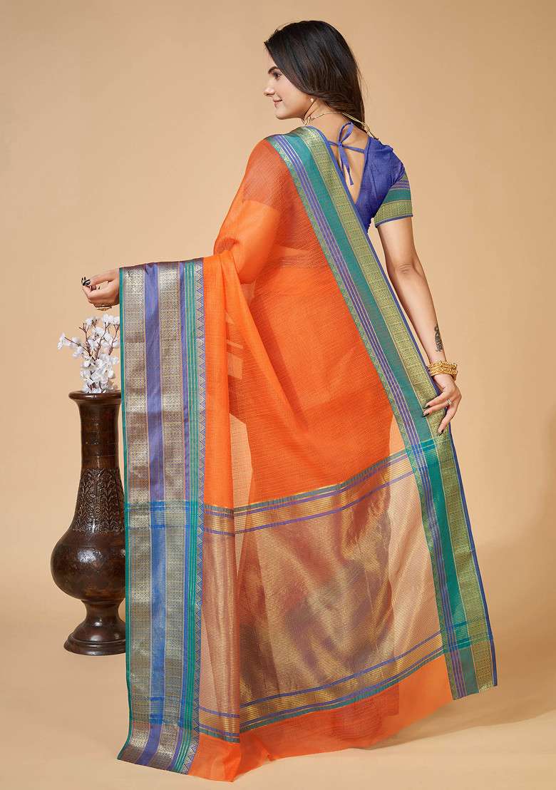 Orange Zari Woven Kota Doria Silk Saree Set for Diwali and Festive Wear - Indya